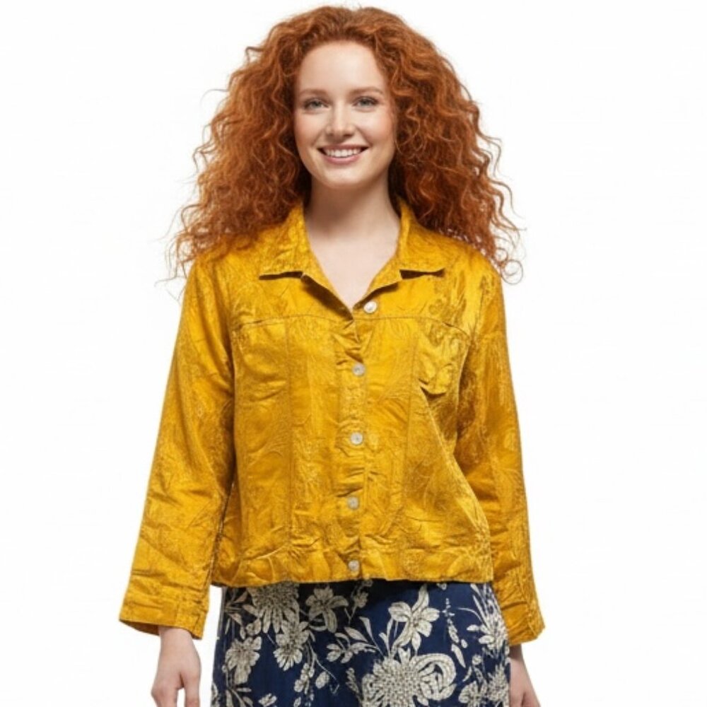 Vintage Chico's Design Golden Silk Blend Shell Button Lightweight Jacket Size L